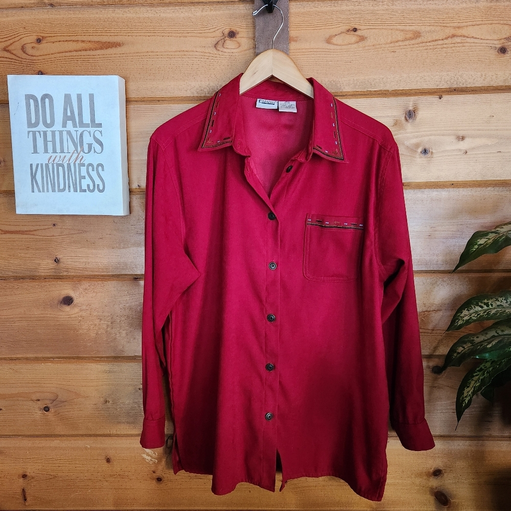 Capacity Vintage Red‎ Embroidered Trim Button Down Shirt Southwestern Top Size M